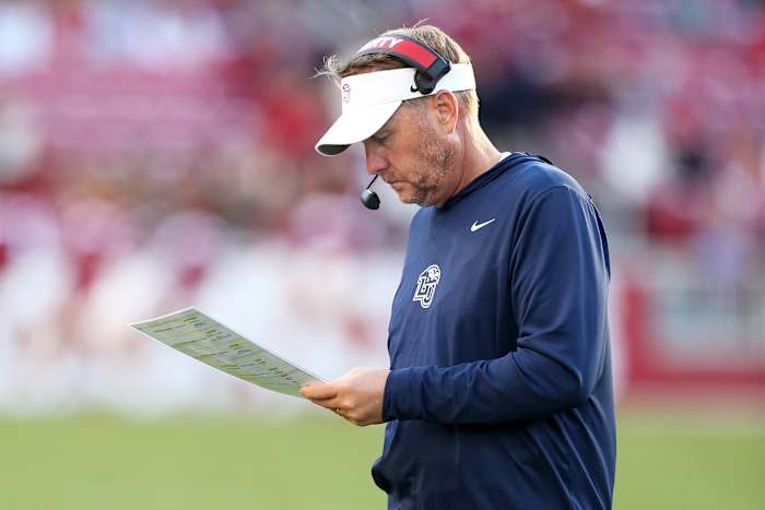 Nov 5, 2022; Fayetteville, Arkansas, USA; Liberty Flames head coach Hugh Freeze during the second half against the Arkansas Razorbacks at Donald W. Reynolds Razorback Stadium. Liberty won 21-19. Mandatory Credit: Nelson Chenault-USA TODAY Sports